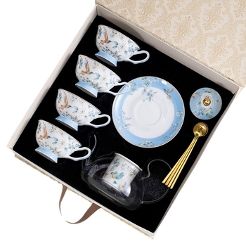 Set ceai după-amiază în stil englezesc, o ceainică și patru cești, model floral cu păsări, căni și farfurioare din ceramică, cutie cadou elegantă, cadou pentru casa nouă