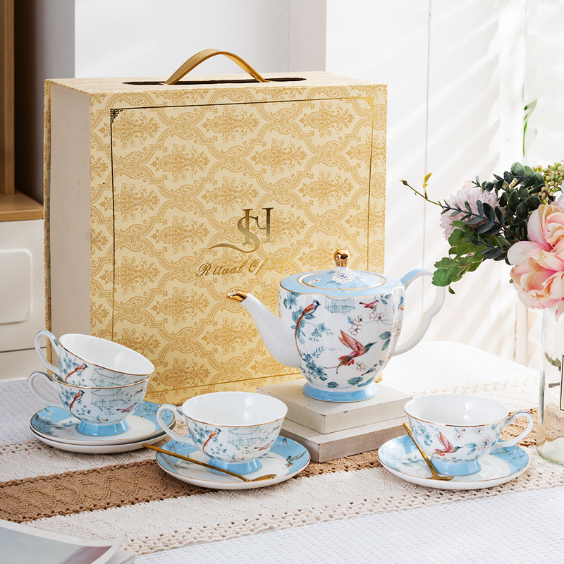 Set ceai după-amiază în stil englezesc, o ceainică și patru cești, model floral cu păsări, căni și farfurioare din ceramică, cutie cadou elegantă, cadou pentru casa nouă