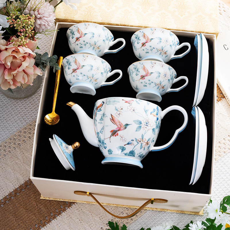 Set ceai după-amiază în stil englezesc, o ceainică și patru cești, model floral cu păsări, căni și farfurioare din ceramică, cutie cadou elegantă, cadou pentru casa nouă