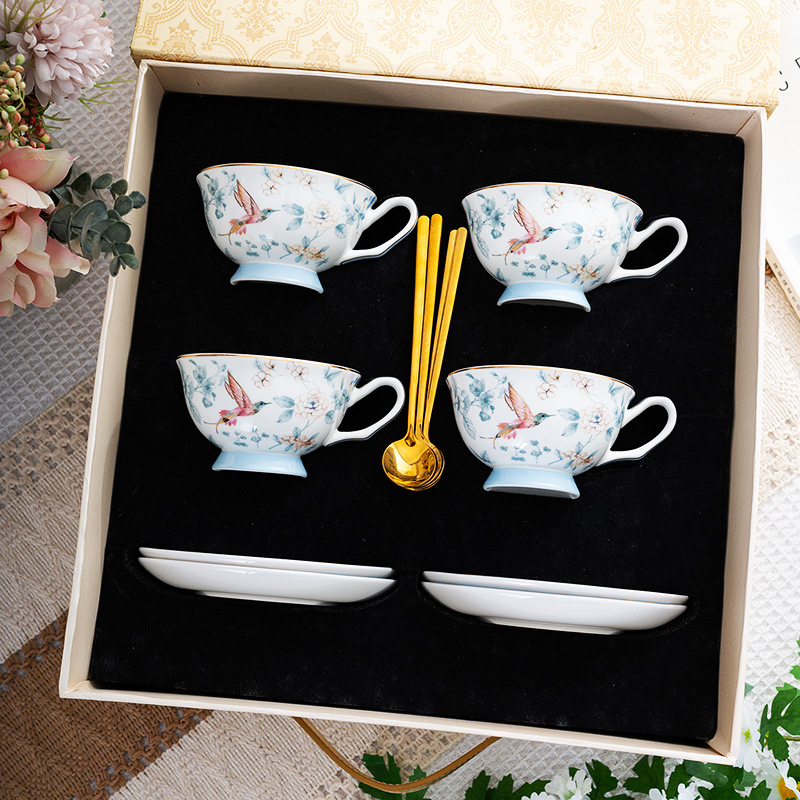 Set ceai după-amiază în stil englezesc, o ceainică și patru cești, model floral cu păsări, căni și farfurioare din ceramică, cutie cadou elegantă, cadou pentru casa nouă