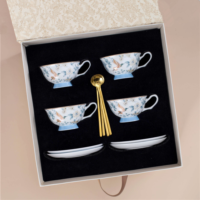Set ceai după-amiază în stil englezesc, o ceainică și patru cești, model floral cu păsări, căni și farfurioare din ceramică, cutie cadou elegantă, cadou pentru casa nouă