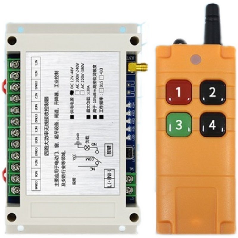4 csatornás vezeték nélküli kapcsoló tanuló üzemmóddal, AC12V/24V/220V/380V feszültségekhez, ütésálló kivitel, 4 gomb, pillanatnyi működés