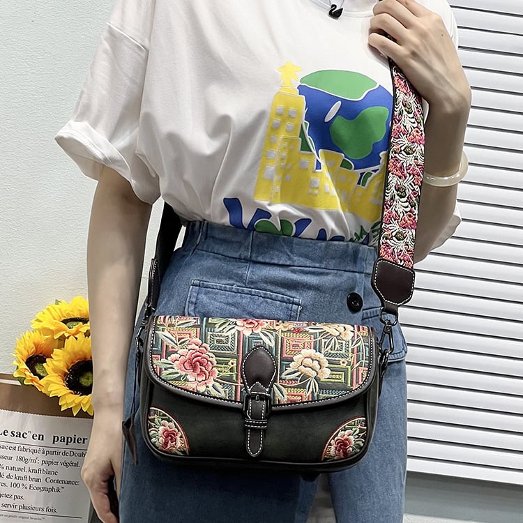 241652 Ženska torbica s retro kineskim stilom šivanom, pamuk-lan materijal, ovalni oblik, preko ramena ili crossbody, casual i svestrana