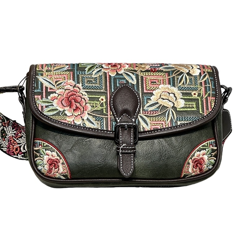 241652 Ženska torbica s retro kineskim stilom šivanom, pamuk-lan materijal, ovalni oblik, preko ramena ili crossbody, casual i svestrana