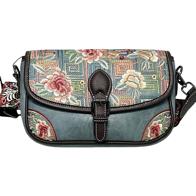 241652 Ženska torbica s retro kineskim stilom šivanom, pamuk-lan materijal, ovalni oblik, preko ramena ili crossbody, casual i svestrana