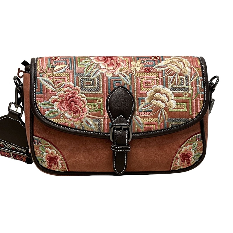 241652 Ženska torbica s retro kineskim stilom šivanom, pamuk-lan materijal, ovalni oblik, preko ramena ili crossbody, casual i svestrana