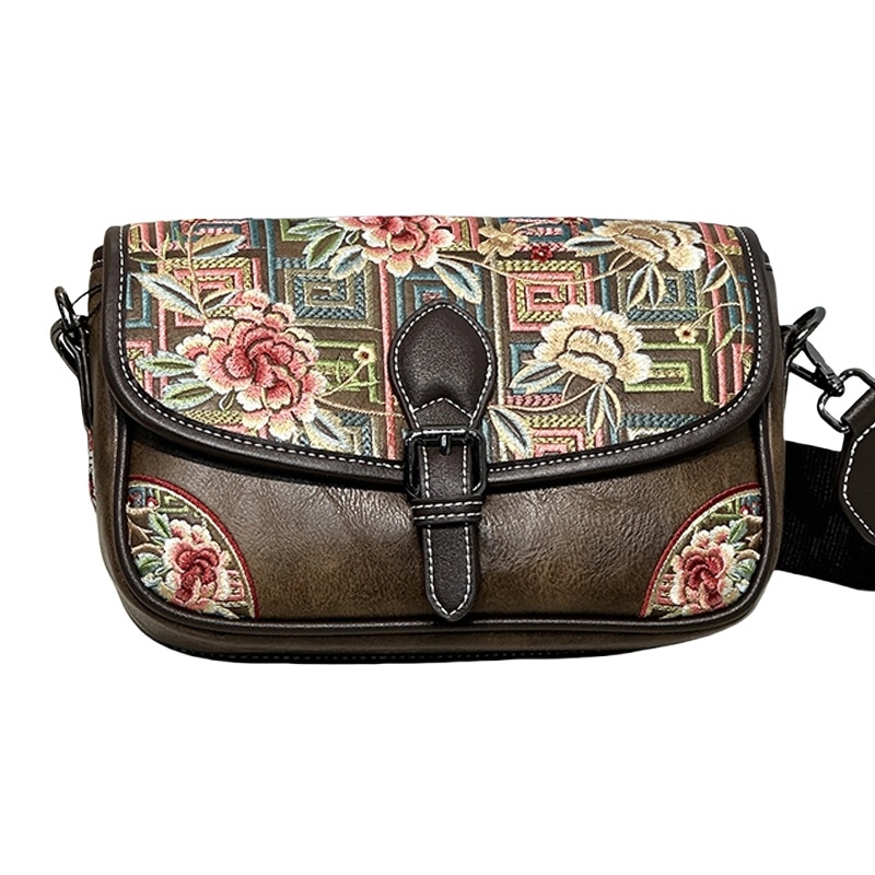 241652 Ženska torbica s retro kineskim stilom šivanom, pamuk-lan materijal, ovalni oblik, preko ramena ili crossbody, casual i svestrana