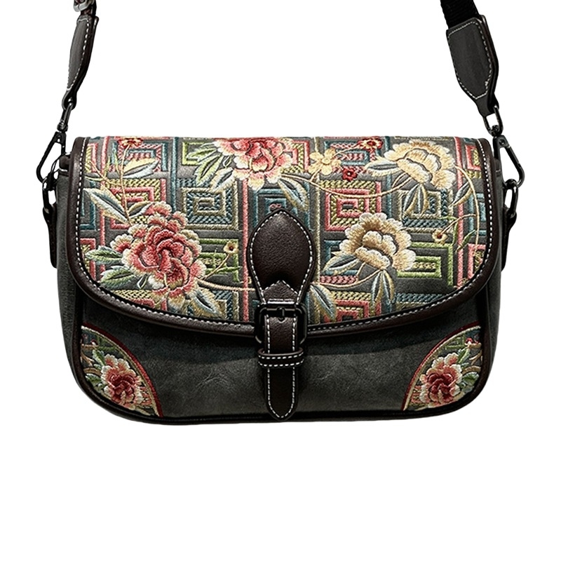 241652 Ženska torbica s retro kineskim stilom šivanom, pamuk-lan materijal, ovalni oblik, preko ramena ili crossbody, casual i svestrana