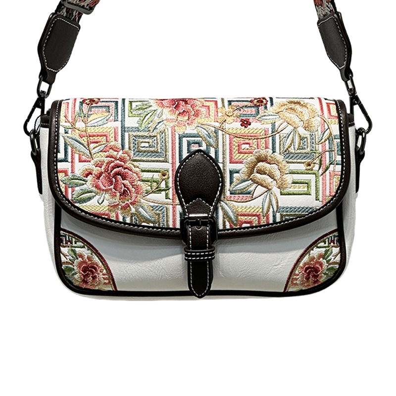 241652 Ženska torbica s retro kineskim stilom šivanom, pamuk-lan materijal, ovalni oblik, preko ramena ili crossbody, casual i svestrana