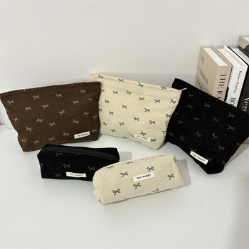 Corduroy kozmetička torbica s mašnicom, prijenosna clutch torbica, velika kapaciteta, unisex pohranjivanje