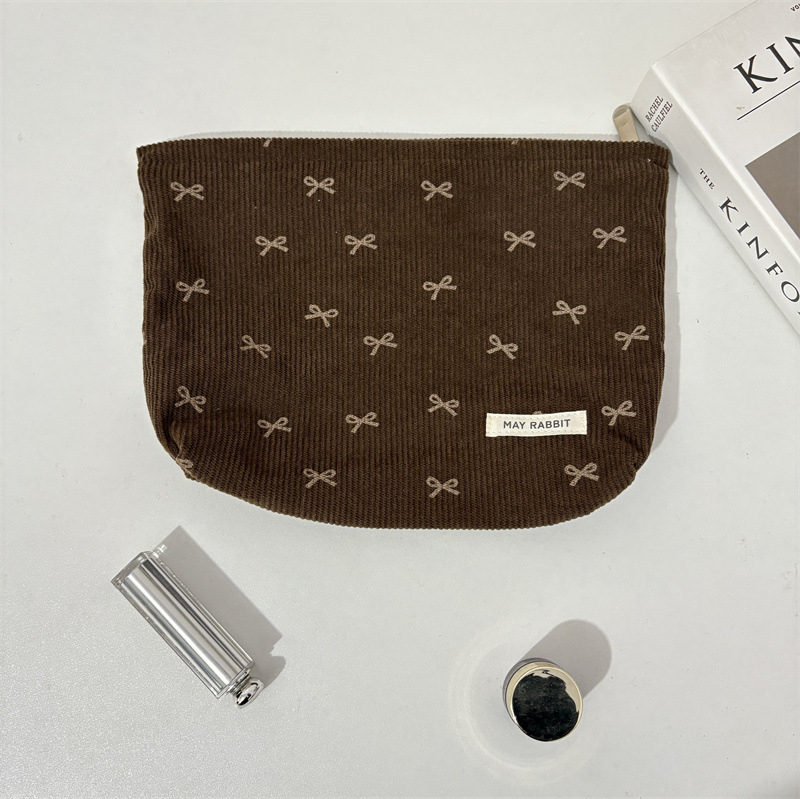 Corduroy kozmetička torbica s mašnicom, prijenosna clutch torbica, velika kapaciteta, unisex pohranjivanje
