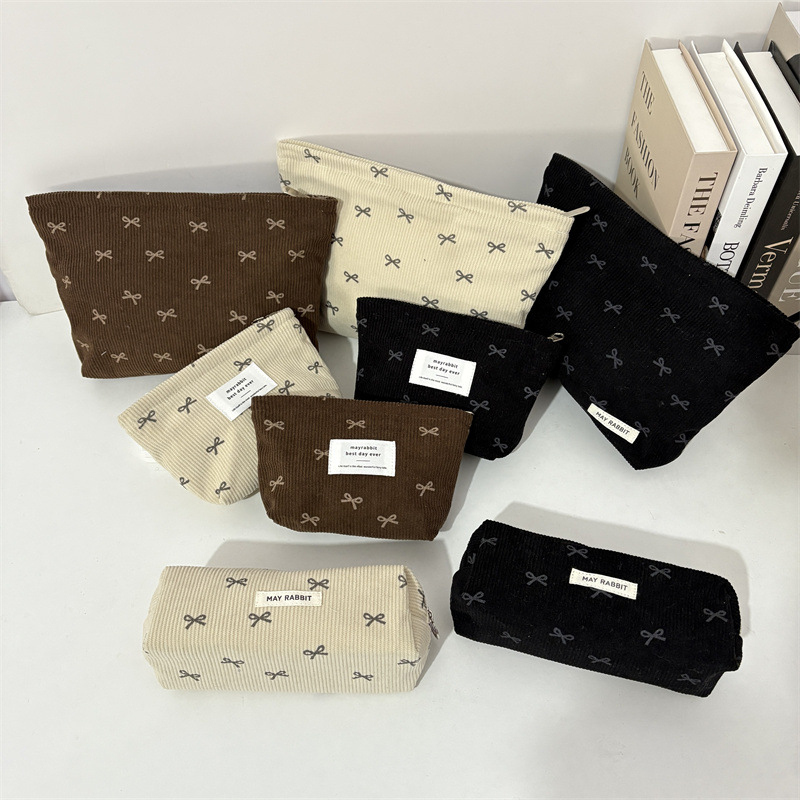 Corduroy kozmetička torbica s mašnicom, prijenosna clutch torbica, velika kapaciteta, unisex pohranjivanje