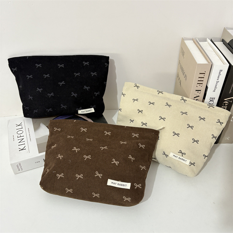 Corduroy kozmetička torbica s mašnicom, prijenosna clutch torbica, velika kapaciteta, unisex pohranjivanje