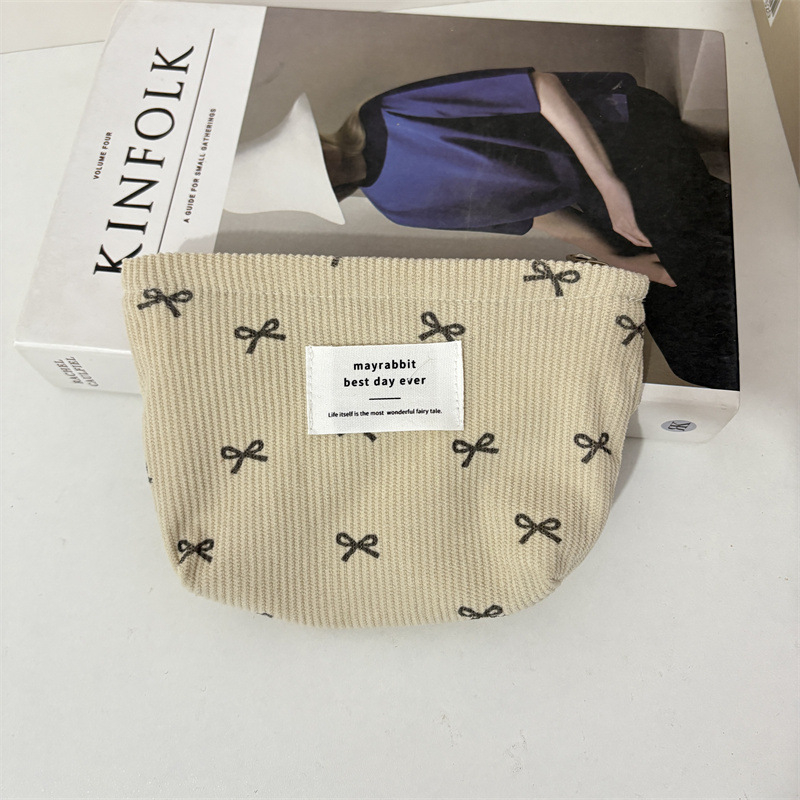 Corduroy kozmetička torbica s mašnicom, prijenosna clutch torbica, velika kapaciteta, unisex pohranjivanje