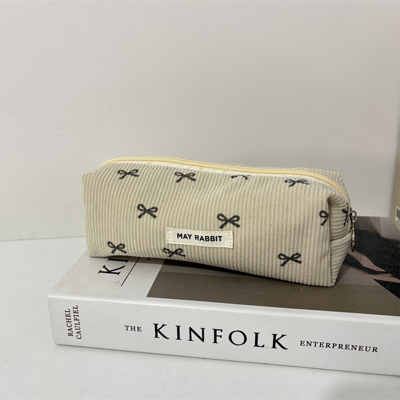Corduroy kozmetička torbica s mašnicom, prijenosna clutch torbica, velika kapaciteta, unisex pohranjivanje