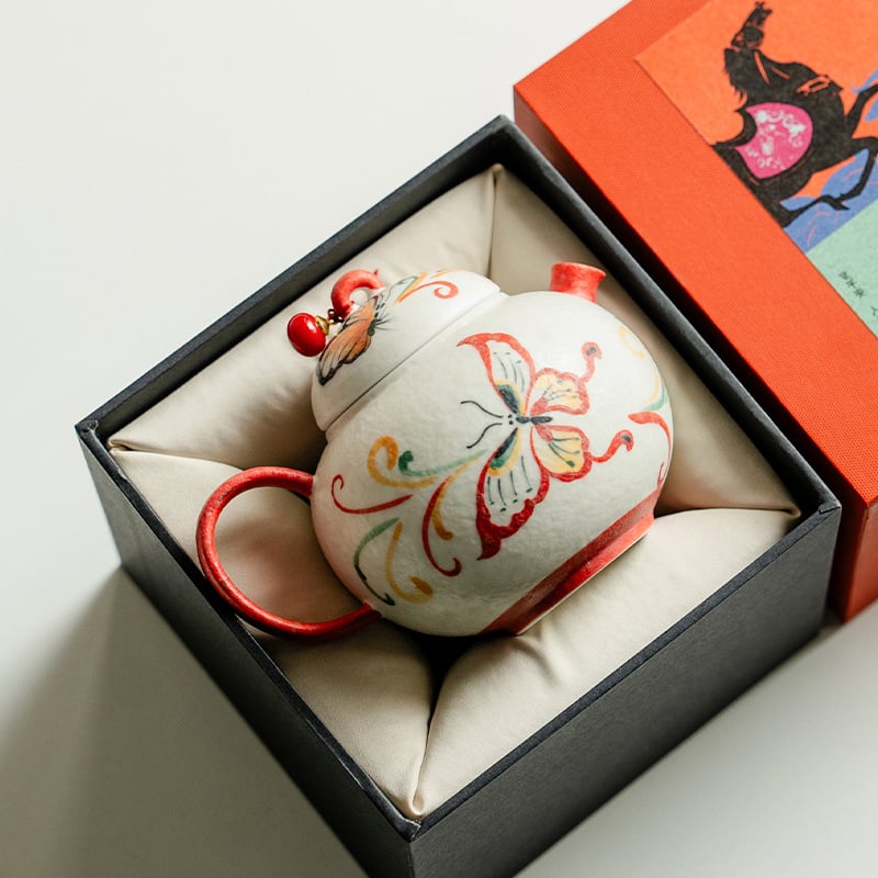 Ceainic ceramic pictat manual, corp rotund, cu model de pene, capac în stil gaiwan, pentru prepararea ceaiului acasă