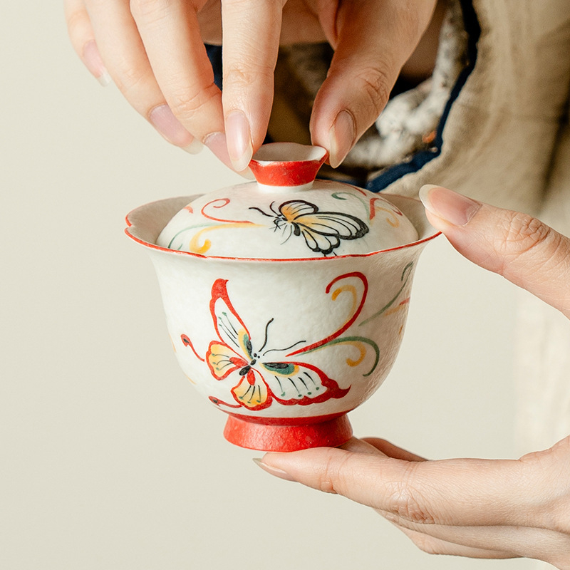 Ceainic ceramic pictat manual, corp rotund, cu model de pene, capac în stil gaiwan, pentru prepararea ceaiului acasă