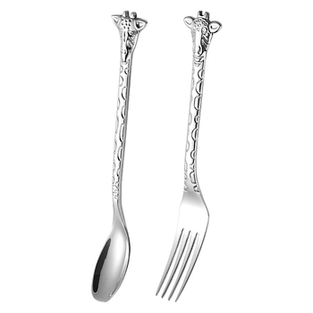 Lingură-furculiță cu mâner de girafă, aurie, design de animație, oțel inoxidabil 304, pentru cafea, deserturi și prăjituri