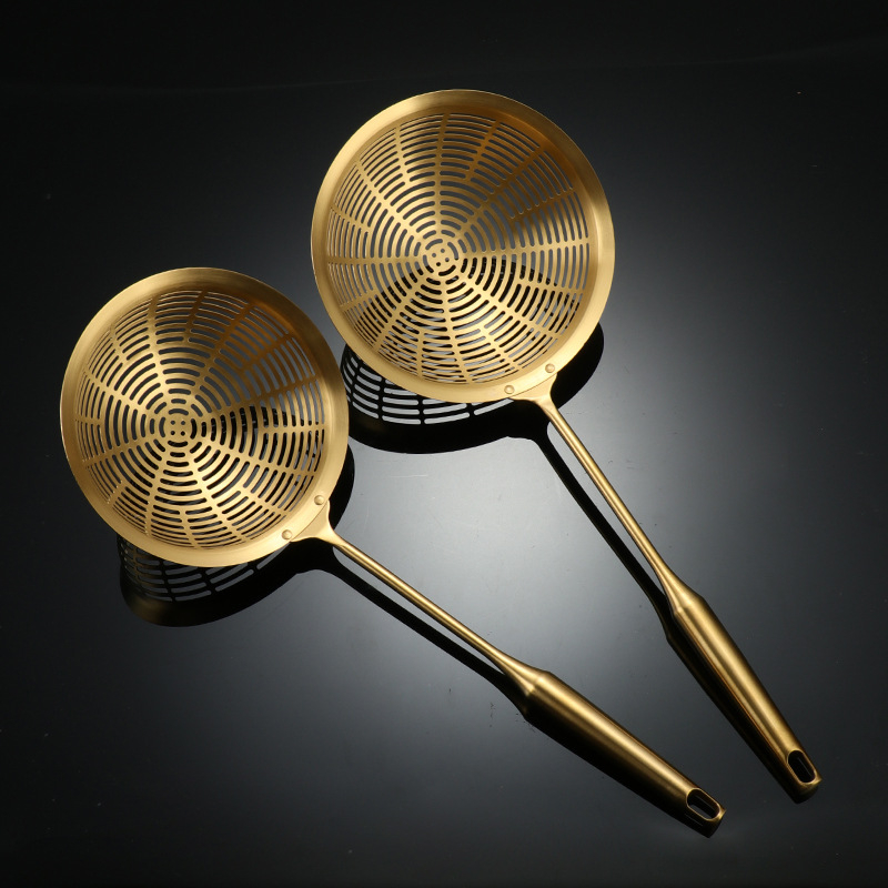 Skimmer profesional din oțel inoxidabil 304, cap perforat mare pentru tăiței și prăjit, filtrare ulei, mâner anti-arzire.