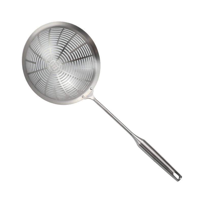 Skimmer profesional din oțel inoxidabil 304, cap perforat mare pentru tăiței și prăjit, filtrare ulei, mâner anti-arzire.
