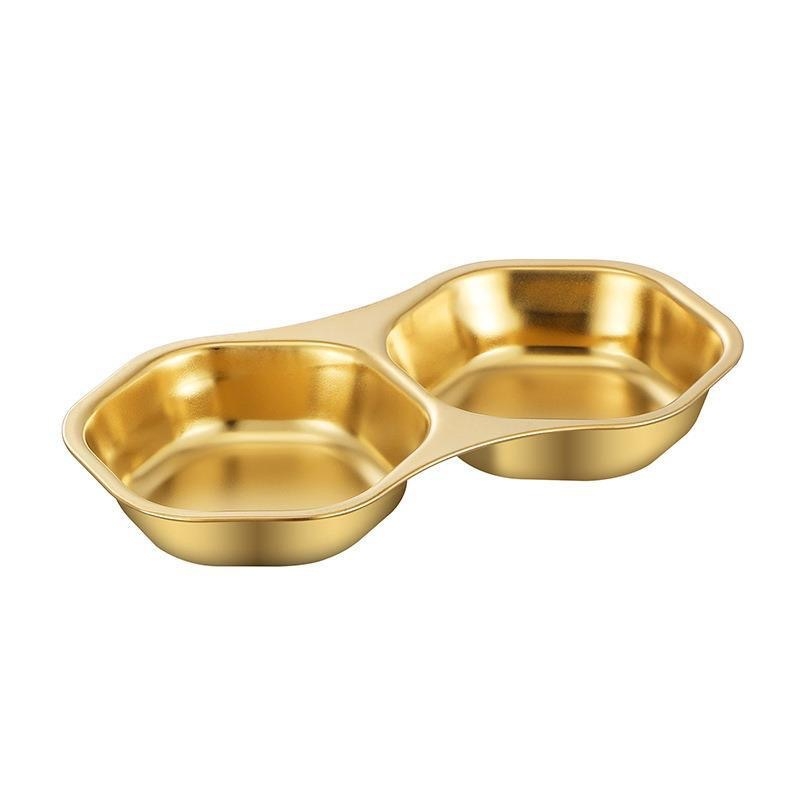 Rozsdamentes acél mártástál két íznek osztott rekeszekkel, sokszög alakú, aranyozott bevonattal, koreai hot pot tál