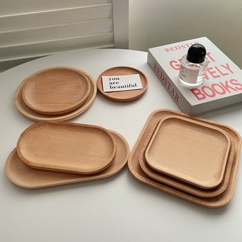 Tavă circulară din lemn, farfurie ovală în stil japonez, mică farfurie din lemn pentru deserturi cu lapte, platou de prezentare