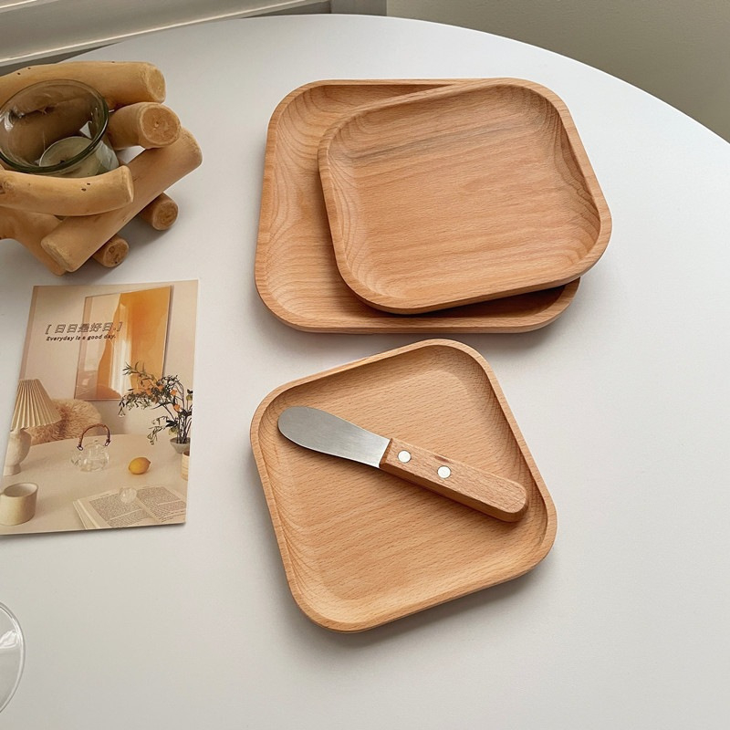 Tavă circulară din lemn, farfurie ovală în stil japonez, mică farfurie din lemn pentru deserturi cu lapte, platou de prezentare