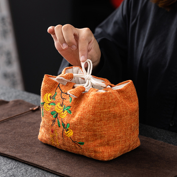 Sac de depozitare brodat din bumbac-lin pentru set de ceai, cu șnur, pentru ceainic și cești, pentru călătorii