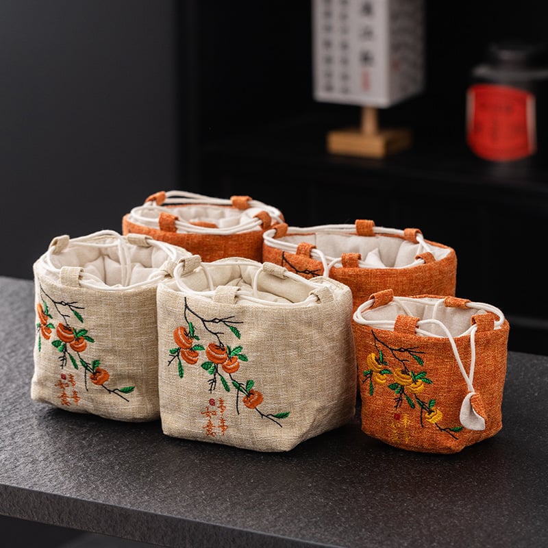 Sac de depozitare brodat din bumbac-lin pentru set de ceai, cu șnur, pentru ceainic și cești, pentru călătorii