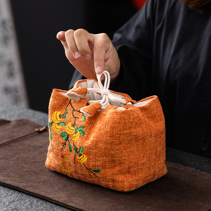 Sac de depozitare brodat din bumbac-lin pentru set de ceai, cu șnur, pentru ceainic și cești, pentru călătorii