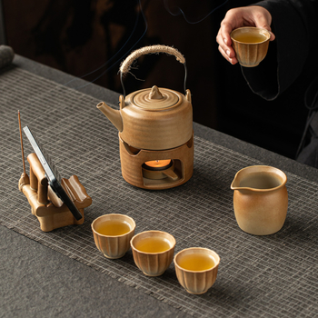 Set ceramic rustic pentru prepararea și prăjirea ceaiului, încălzitor de ceai cu lumânare, ceremonie de ceai vintage, suport pentru telefon — cadou pentru întâlnirea anuală