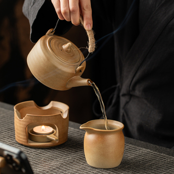 Set ceramic rustic pentru prepararea și prăjirea ceaiului, încălzitor de ceai cu lumânare, ceremonie de ceai vintage, suport pentru telefon — cadou pentru întâlnirea anuală
