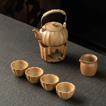 Set ceramic rustic pentru prepararea și prăjirea ceaiului, încălzitor de ceai cu lumânare, ceremonie de ceai vintage, suport pentru telefon — cadou pentru întâlnirea anuală