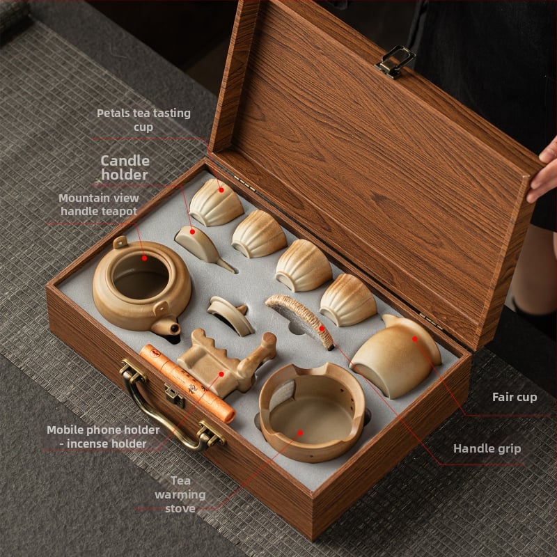 Set ceramic rustic pentru prepararea și prăjirea ceaiului, încălzitor de ceai cu lumânare, ceremonie de ceai vintage, suport pentru telefon — cadou pentru întâlnirea anuală