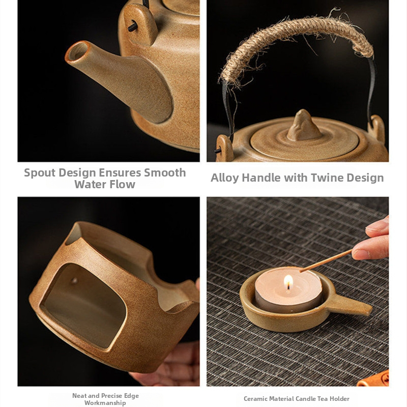 Set ceramic rustic pentru prepararea și prăjirea ceaiului, încălzitor de ceai cu lumânare, ceremonie de ceai vintage, suport pentru telefon — cadou pentru întâlnirea anuală