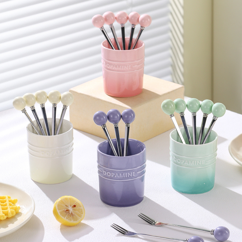 Set tacâmuri pentru fructe pentru uz casnic, furculițe și linguri de desert, cu borcan ceramic de depozitare, oțel inoxidabil 304