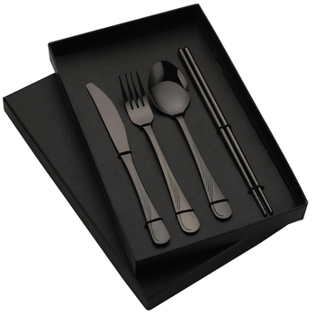 Set de tacâmuri din oțel inoxidabil placat cu titan: cuțit, furculiță, lingură și bețișoare – 4 piese, în cutie cadou