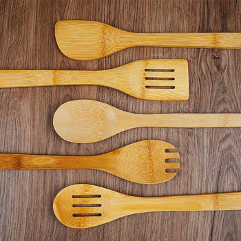 Set de ustensile de bucătărie din bambus, 8 piese: spatule antiaderente, lingură de supă, spatulă pentru prăjit și mâner lung