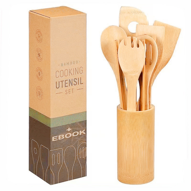 Set de ustensile de bucătărie din bambus, 8 piese: spatule antiaderente, lingură de supă, spatulă pentru prăjit și mâner lung