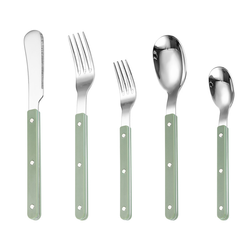Set tacâmuri din oțel inoxidabil 430, cu mâner ABS și finisaj marmorat — cuțit pentru steak, furculiță, lingură, linguriță, lingură de desert, cuțit de unt