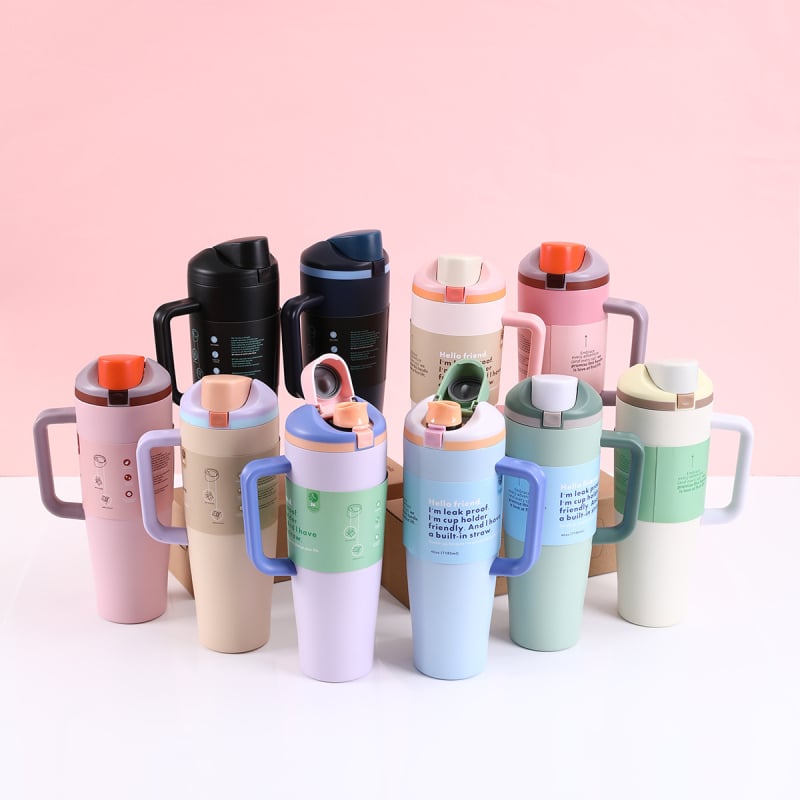 Cana termică pentru mașină cu mâner, 40 oz, oțel inoxidabil 304 în interior, 201 în exterior, capacitate mare