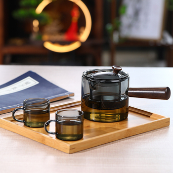 Ceainic din sticlă cu mâner lateral din lemn masiv, set Gongfu de ceai