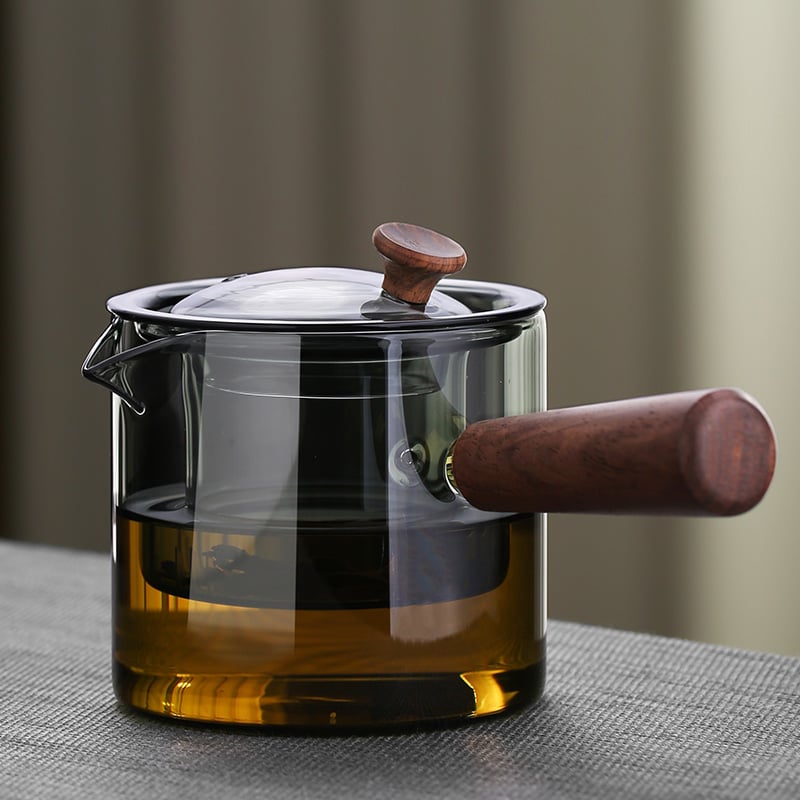 Ceainic din sticlă cu mâner lateral din lemn masiv, set Gongfu de ceai