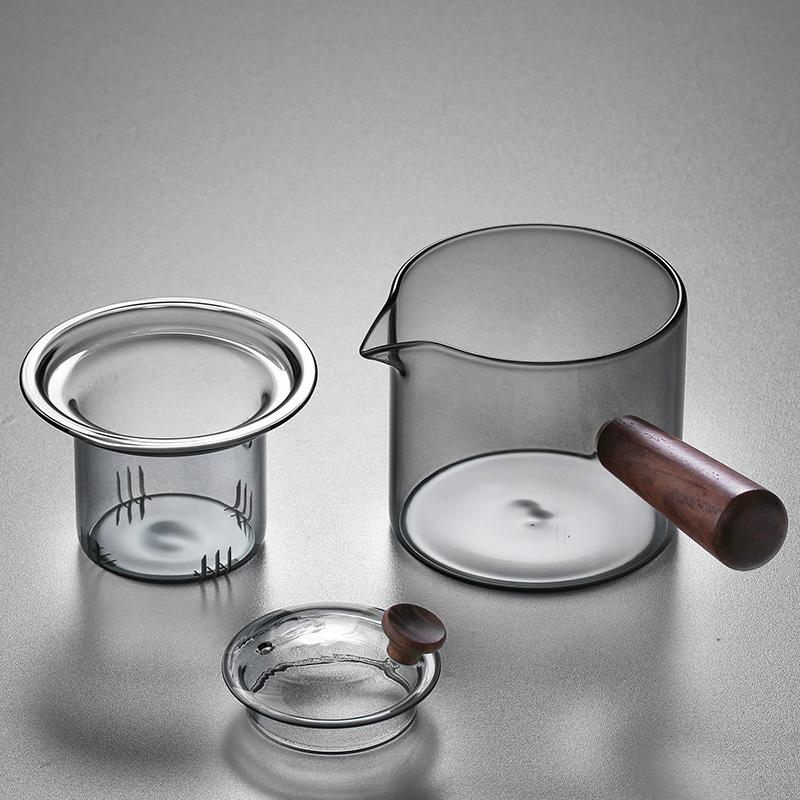 Ceainic din sticlă cu mâner lateral din lemn masiv, set Gongfu de ceai