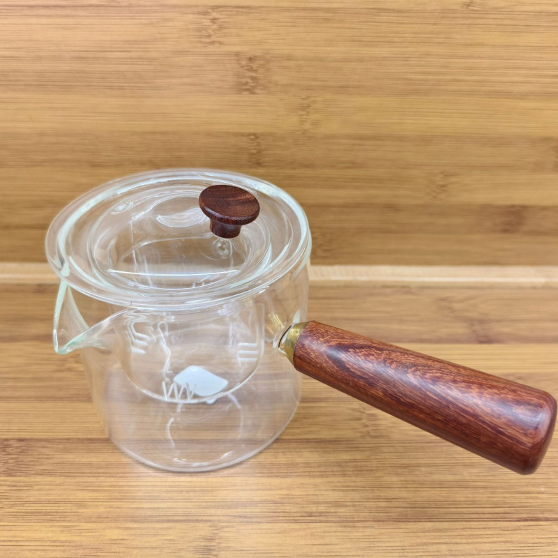 Ceainic din sticlă cu mâner lateral din lemn masiv, set Gongfu de ceai