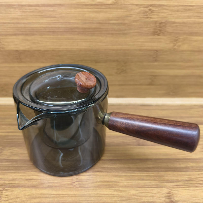 Ceainic din sticlă cu mâner lateral din lemn masiv, set Gongfu de ceai
