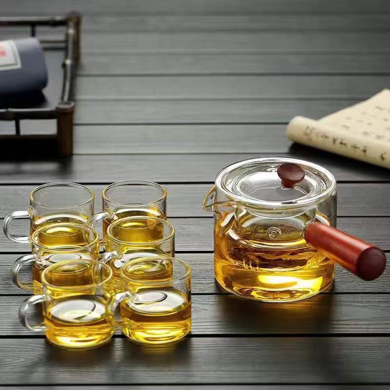 Ceainic din sticlă cu mâner lateral din lemn masiv, set Gongfu de ceai
