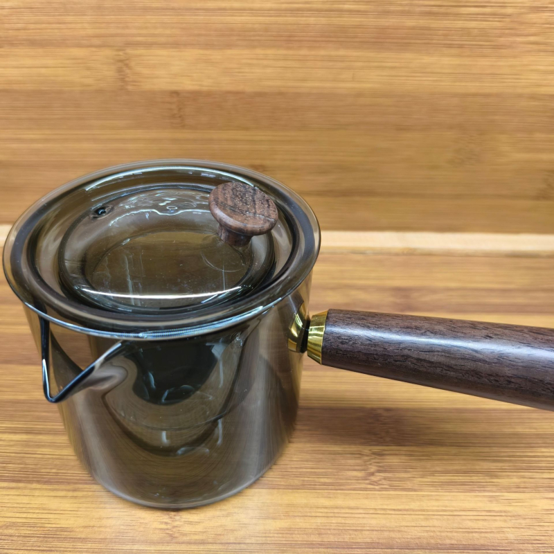 Ceainic din sticlă cu mâner lateral din lemn masiv, set Gongfu de ceai