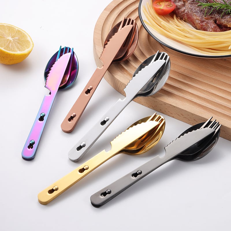 Set de tacâmuri pentru picnic în aer liber, 3 piese: cuțit, furculiță și lingură, oțel inoxidabil 430, portabil, argintiu
