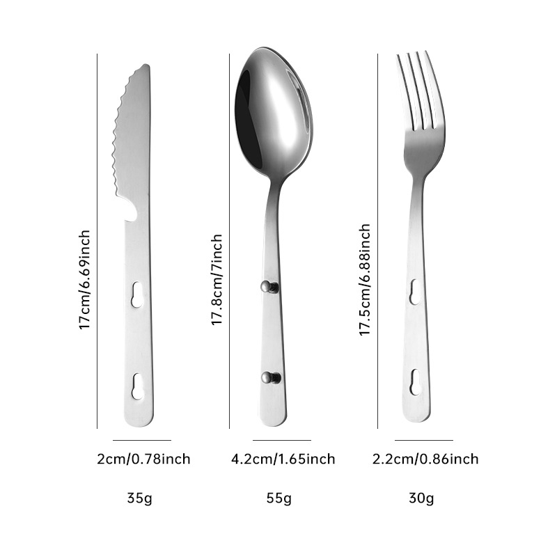 Set de tacâmuri pentru picnic în aer liber, 3 piese: cuțit, furculiță și lingură, oțel inoxidabil 430, portabil, argintiu